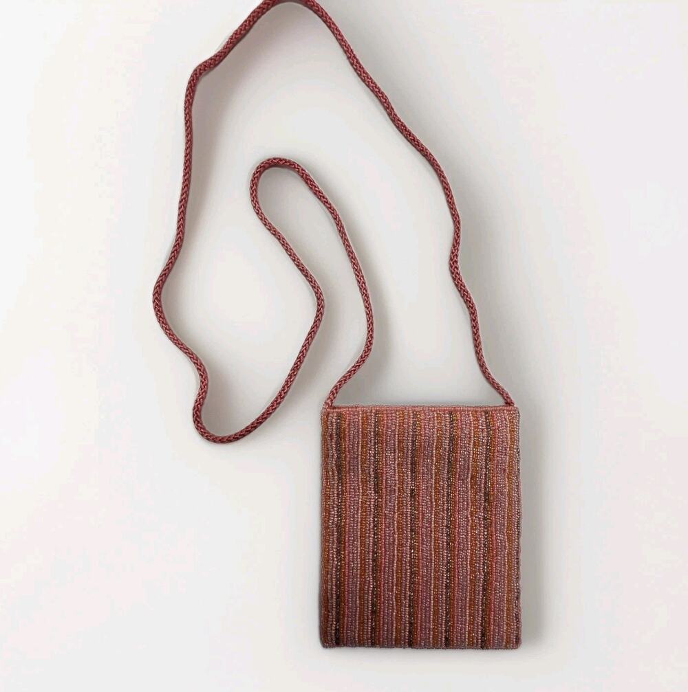 Vintage Glass Beaded Micro Bag Shoulder Crossbody Pink Striped